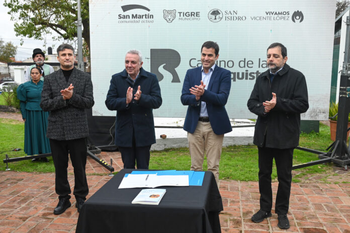 Intendentes y autoridades de Tigre, San Isidro, San Martín y Vicente López durante la presentación del Camino de la Reconquista.